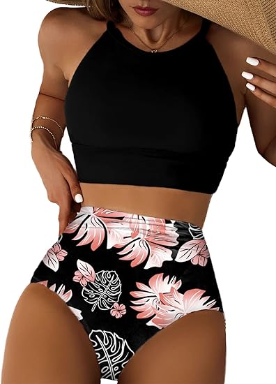 Herseas Women's Bikini Sets High Neck Tropical Leaf Print High Waisted Two Pieces Swimsuits Bathing Suits