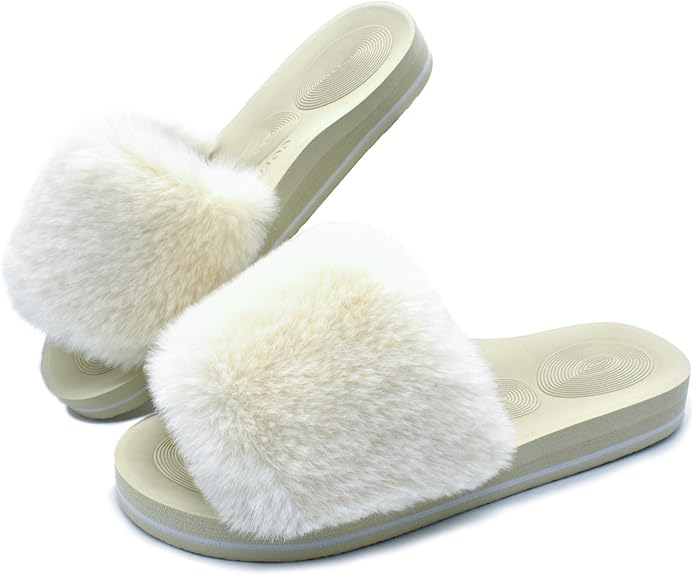 Womens Sliders Plush House Slippers Flat Sandals For Women Memory Foam Fuzzy Open Toe Slippers With Arch Support Anti Skid Ladies Slip On Fur Slide Slippers House Shoes Mules Indoor Outdoor