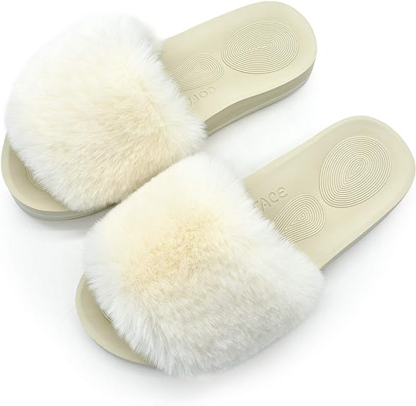 Womens Sliders Plush House Slippers Flat Sandals For Women Memory Foam Fuzzy Open Toe Slippers With Arch Support Anti Skid Ladies Slip On Fur Slide Slippers House Shoes Mules Indoor Outdoor