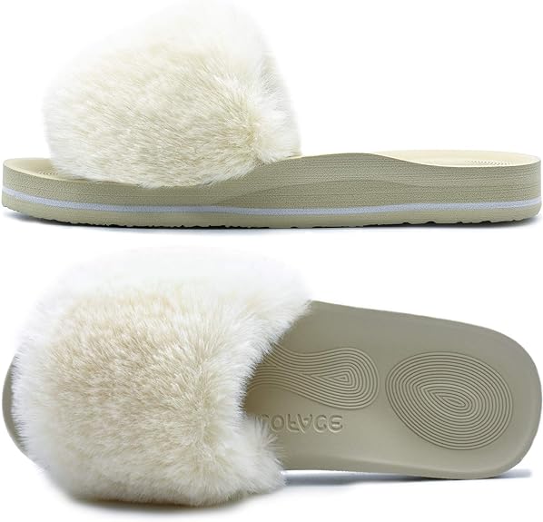 Womens Sliders Plush House Slippers Flat Sandals For Women Memory Foam Fuzzy Open Toe Slippers With Arch Support Anti Skid Ladies Slip On Fur Slide Slippers House Shoes Mules Indoor Outdoor