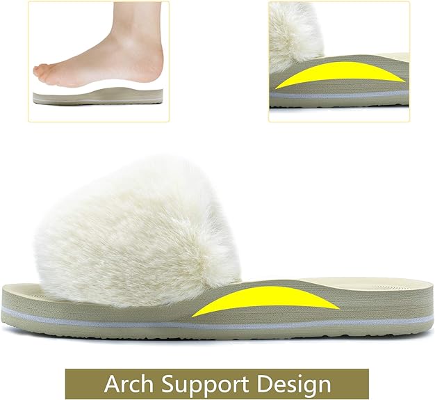 Womens Sliders Plush House Slippers Flat Sandals For Women Memory Foam Fuzzy Open Toe Slippers With Arch Support Anti Skid Ladies Slip On Fur Slide Slippers House Shoes Mules Indoor Outdoor