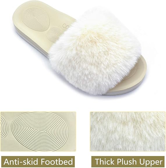 Womens Sliders Plush House Slippers Flat Sandals For Women Memory Foam Fuzzy Open Toe Slippers With Arch Support Anti Skid Ladies Slip On Fur Slide Slippers House Shoes Mules Indoor Outdoor