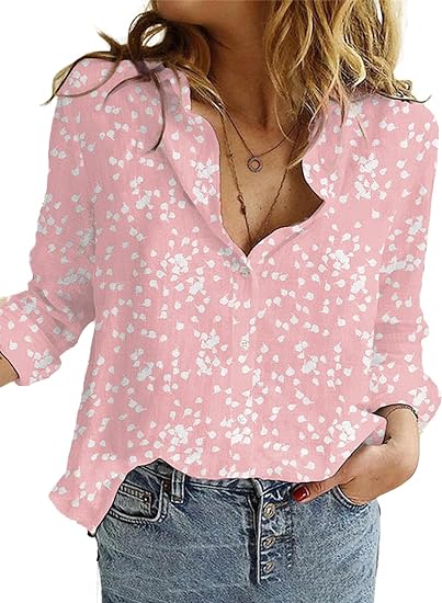 Women's Casual V Neck Alicia Floral Print Roll Up Long Sleeve Chiffon Button Down Blouses Bohemian Top Shirts